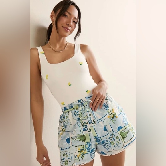 Francesca's Collections High Waist Tropical Lemon Shorts in Blue and Green - Picture 1 of 9